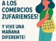 Ilustración de mujer con bolsa y texto para apoyar al comercio local de Zuera.
