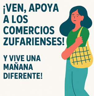apoya Ilustración de mujer con bolsa y texto para apoyar al comercio local de Zuera.